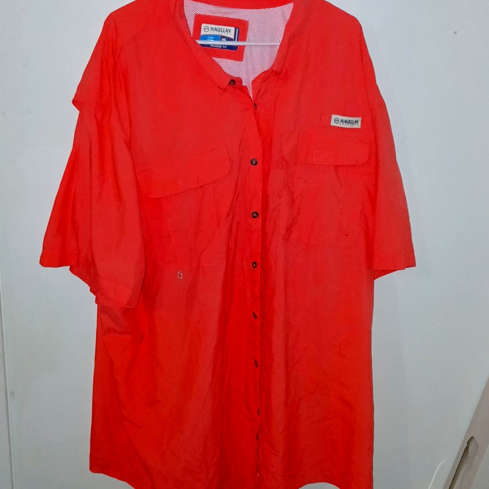 Magellan bright peach orange button down short sleeve shirt